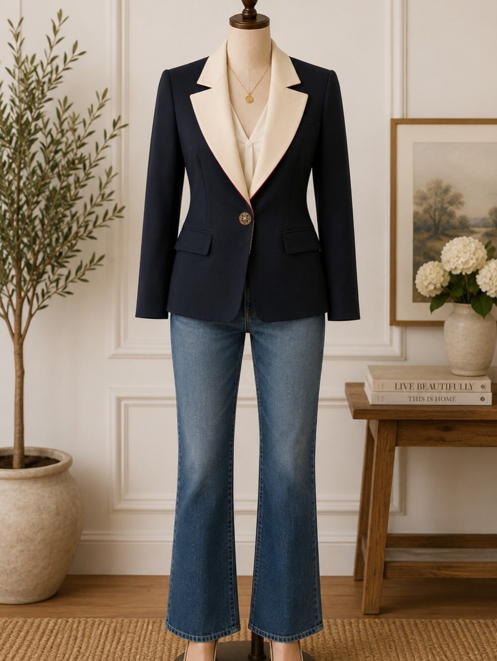 Vintage Christian Dior Black Ivory Contrast Lapel Blazer Jacket Red Trim Size 44